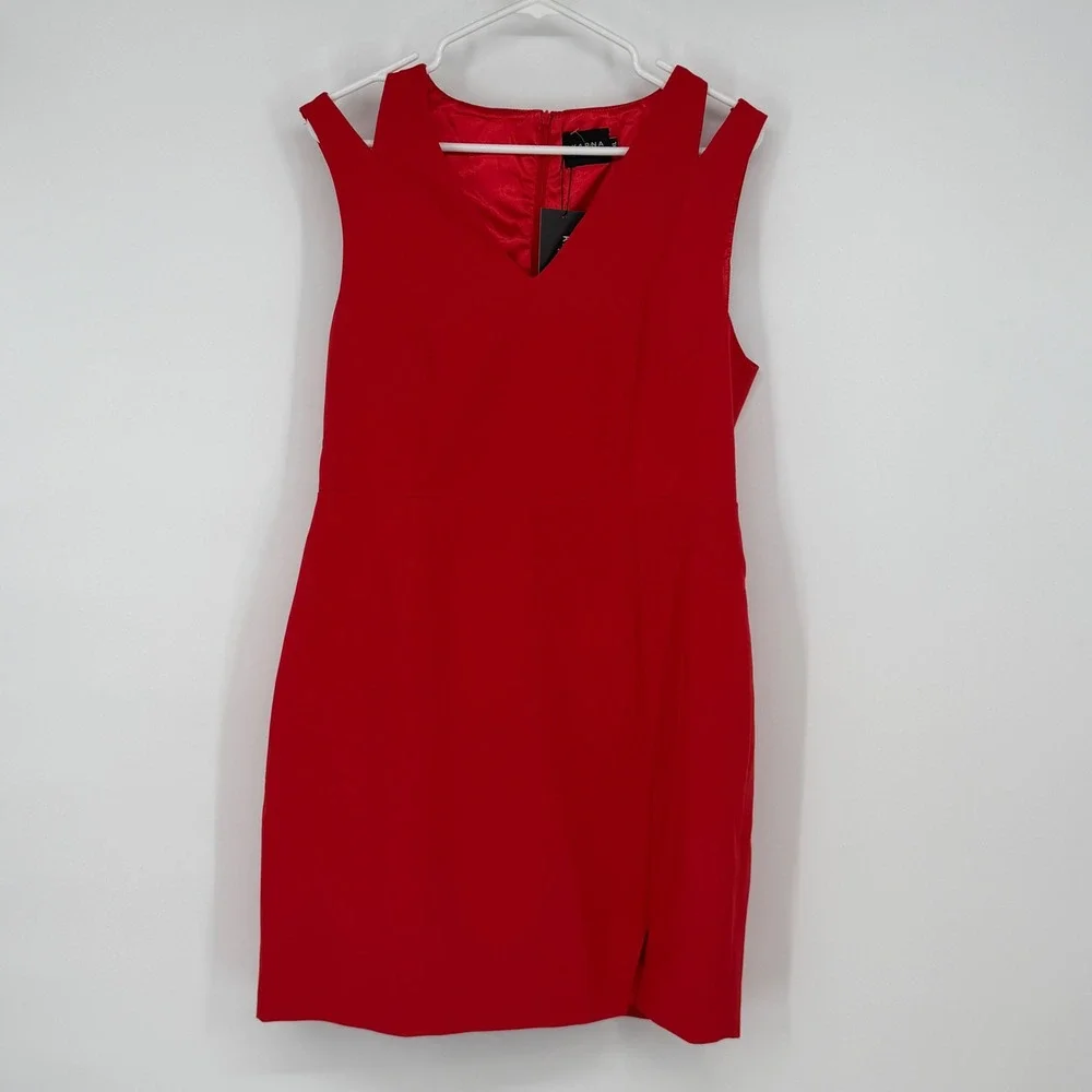 Karna Ramsay Womens Red V-Neck Cold Shoulder Cut Out Mini Sheath Dress XL NWT‎
